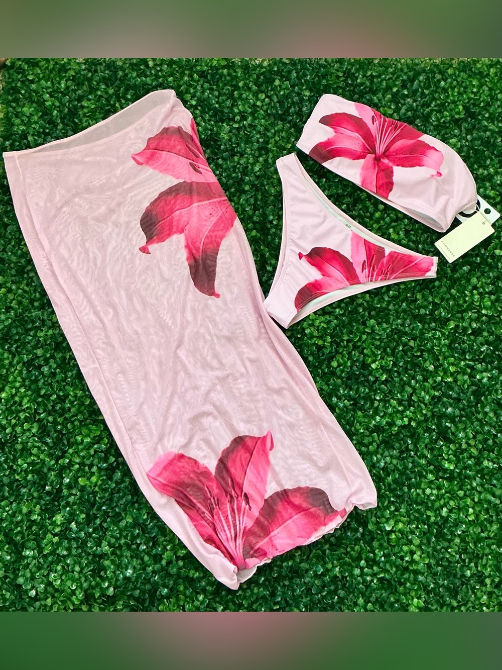 Commense Pink Floral Bandeau Bikini Set with Sarong